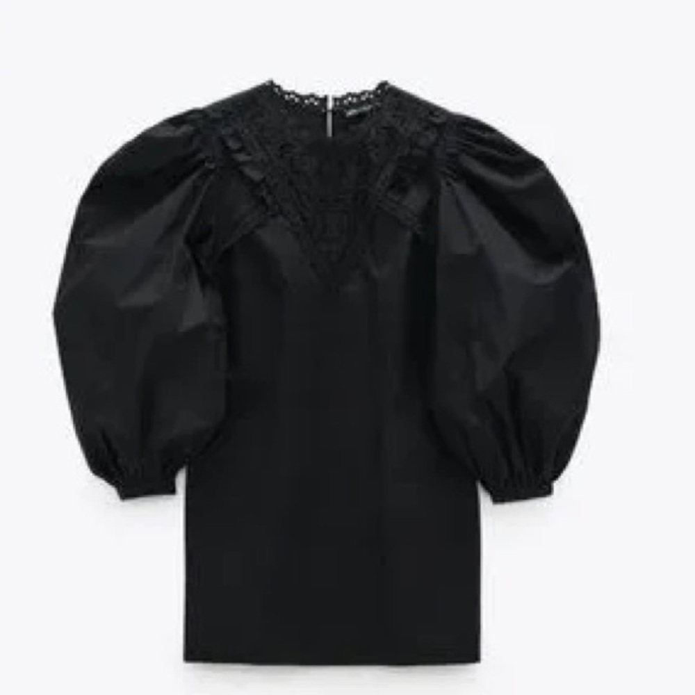 Zara Mock Neck Lace Voluminous Poplin Dress long sleeve mini size S